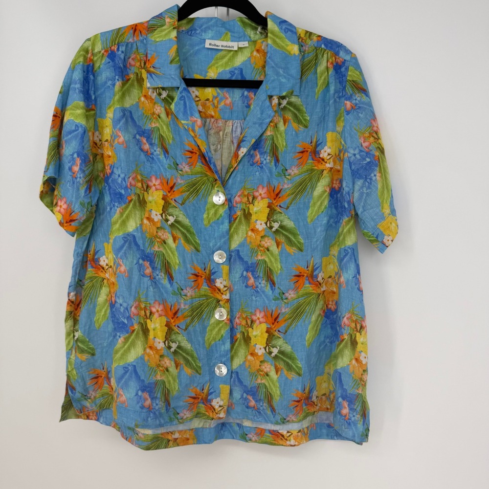 Roler Rabbit Shirt Women Medium Blue Floral Linen Bird of Paradise Tropical Camp